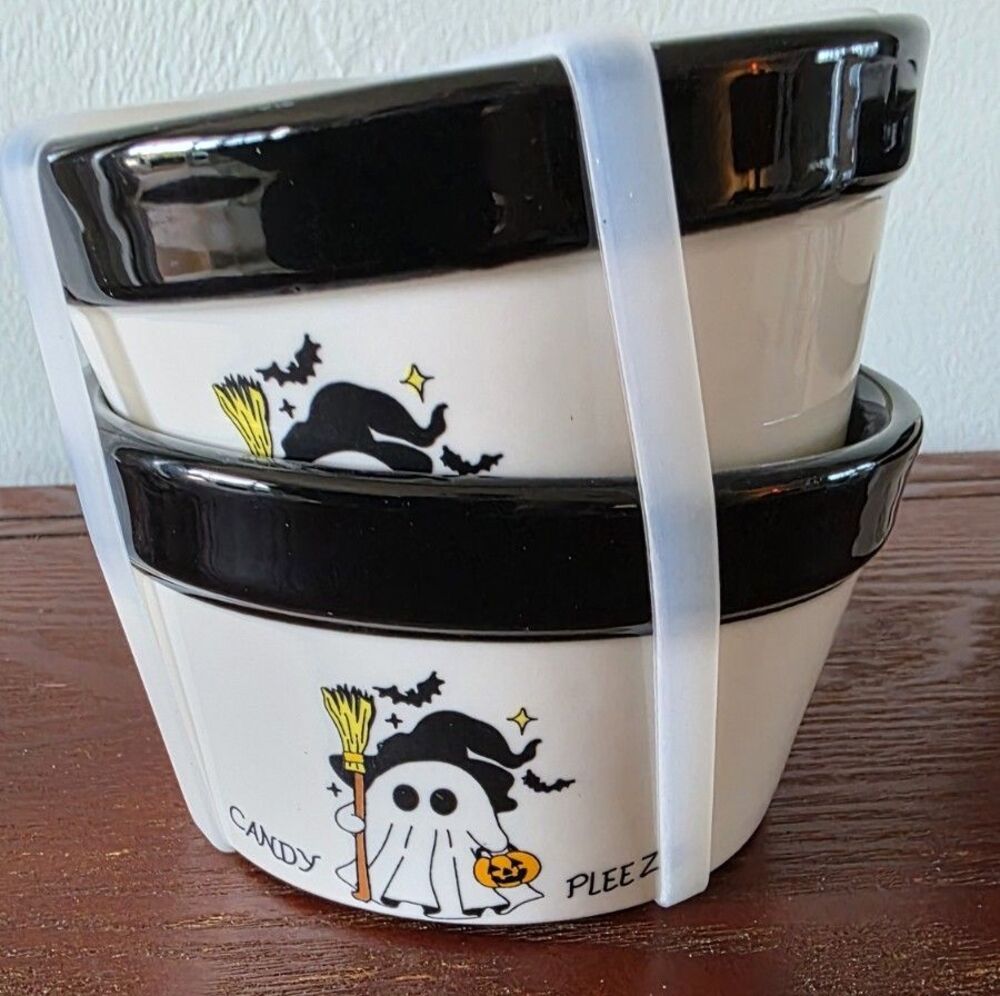 Halloween Ramekin Candy Pleez Bowls W Ghost 2.5 X 4.5" Set Of 2 NEW